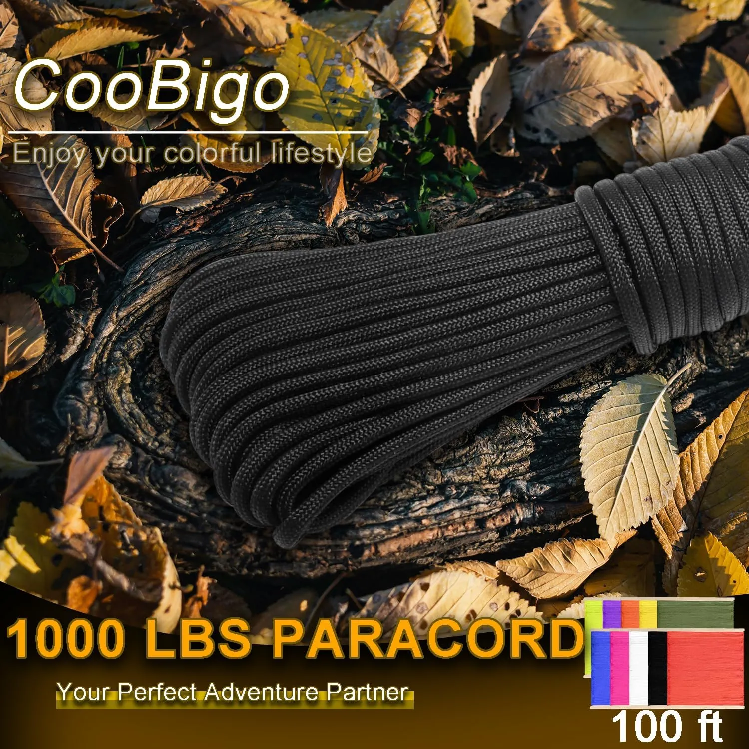 CooBigo Outdoor Paracord Rope 1000lb 12 Strand Stronger Than 550 Parachute Cord,100ft Black Camping Rope for DIY Weave Bracelet/Lanyards,Tent Camping,Hiking,Survival,or Others Outdoor Gear
