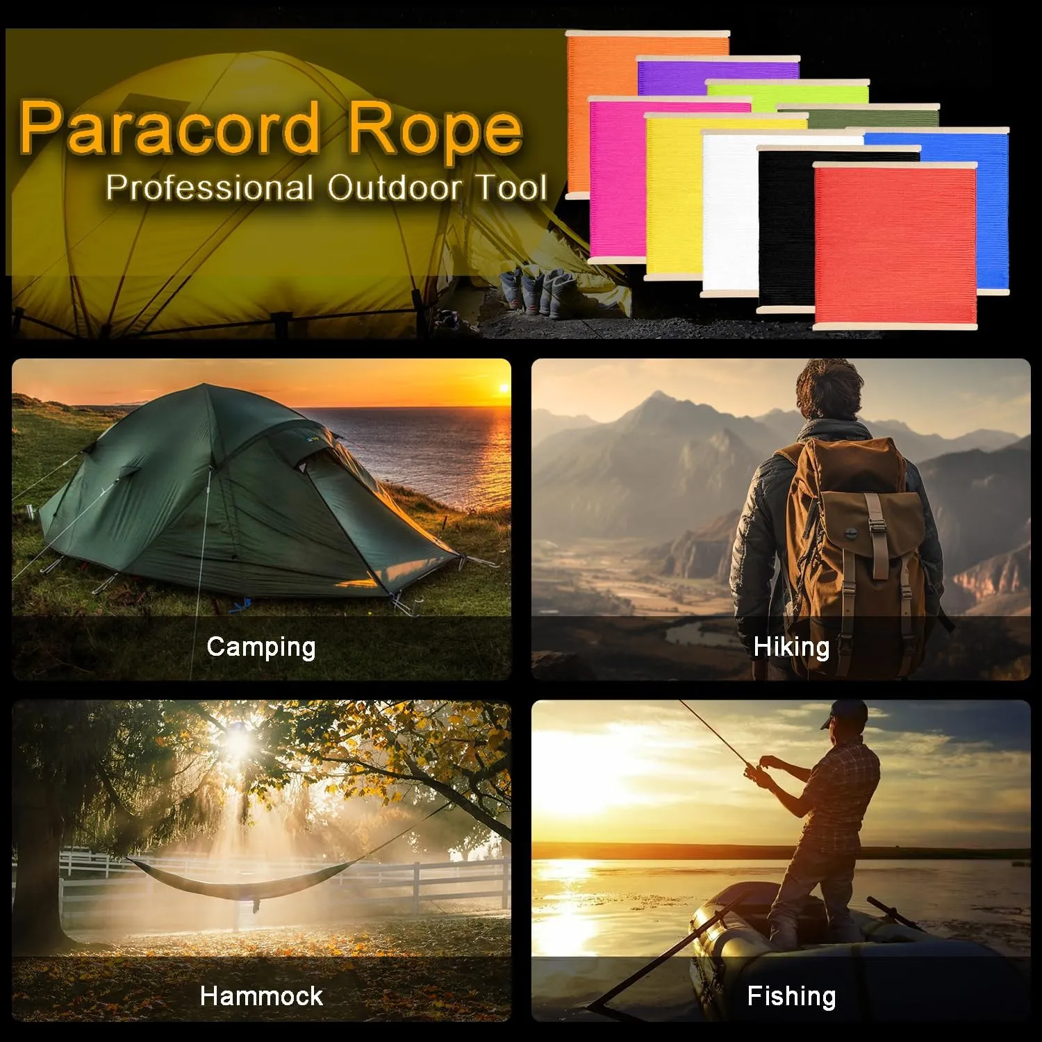 CooBigo Outdoor Paracord Rope 1000lb 12 Strand Stronger Than 550 Parachute Cord,100ft Black Camping Rope for DIY Weave Bracelet/Lanyards,Tent Camping,Hiking,Survival,or Others Outdoor Gear