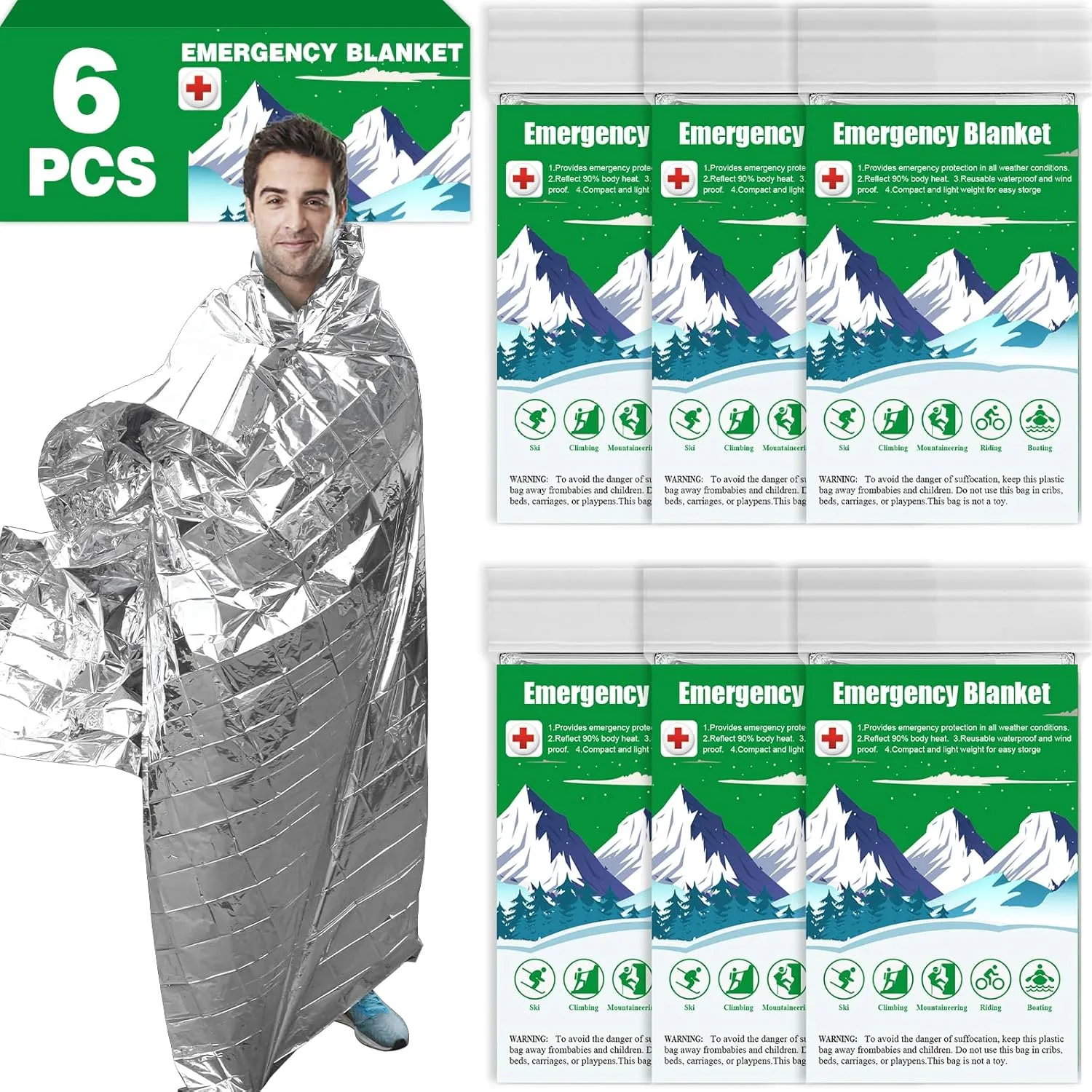CXYARY 6 Pack Emergency Mylar Thermal Blanket, 84 x 52 Space Blankets, Emergency Thermal Blanket Space Rescue Survival Gear Camping for Outdoors, Hiking, Camping Survival