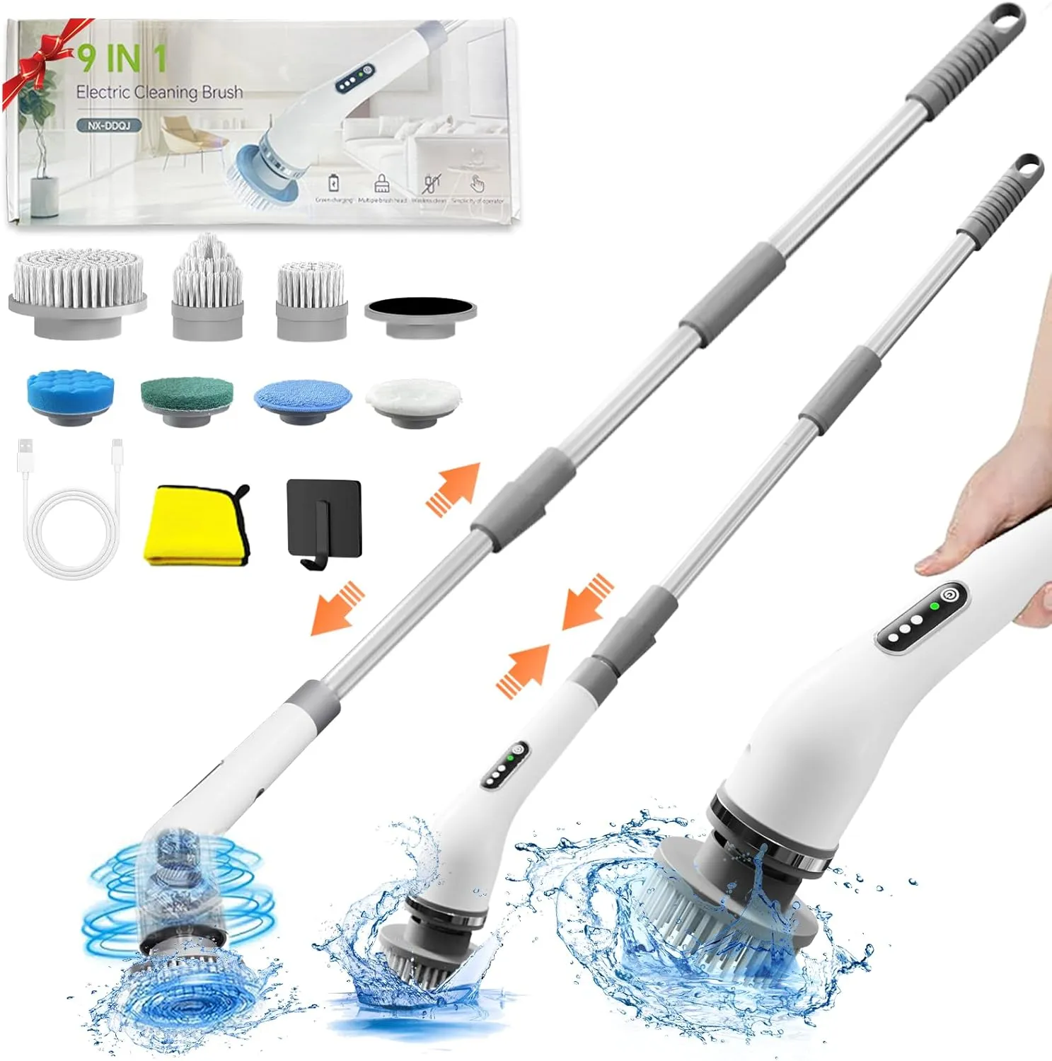 Electric Spin Scrubber - Shower Scrubber with Long Handle,Electric Scrubber for Cleaning,Bathroom Cleaner,Waterproof Shower Scrubber,Cordless Cleaning Brush with 7 Brush Heads(3 Speeds,90Mins Work)