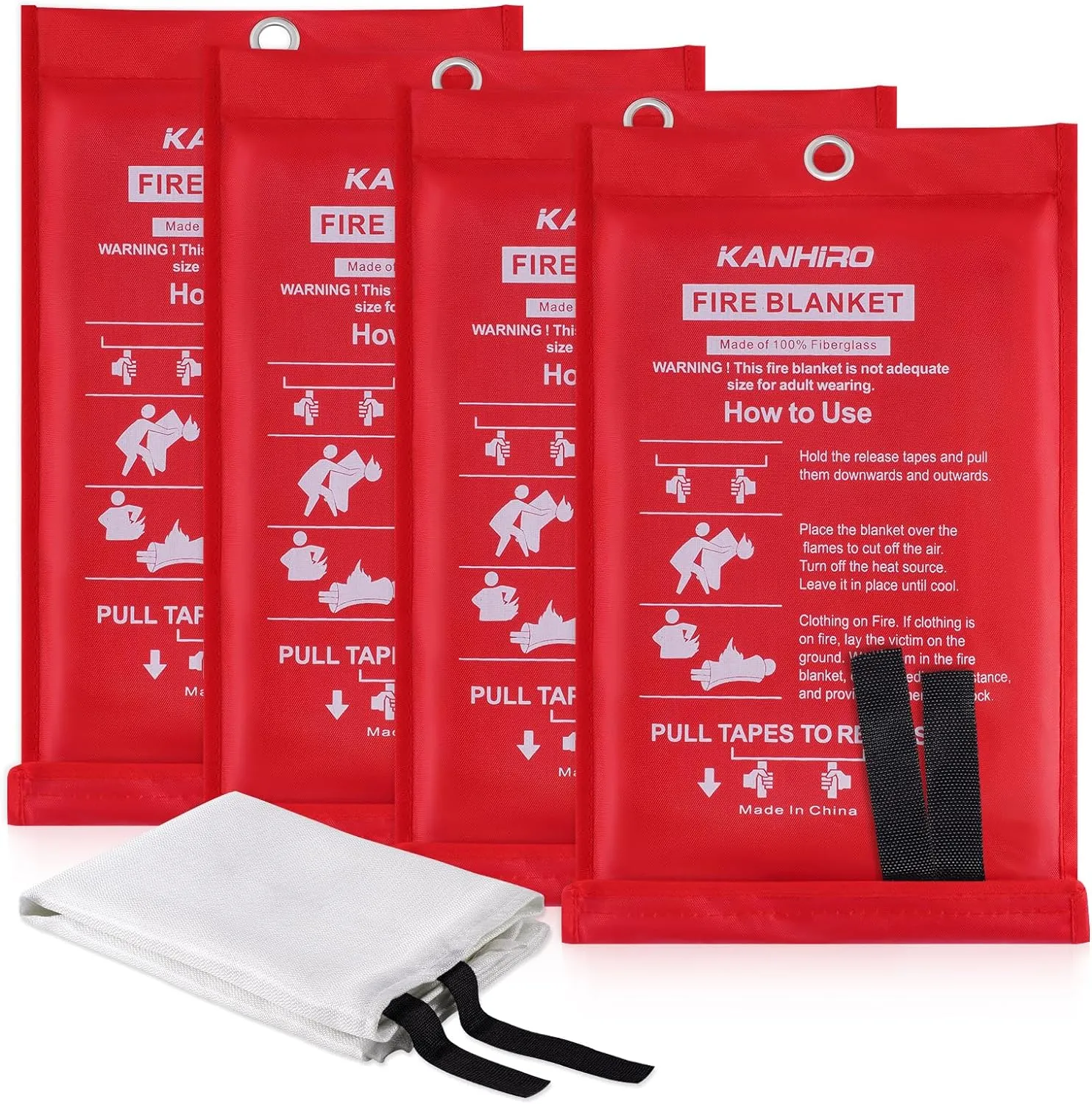 Emergency Fire Blanket for Home Kitchen - KANHIRO Fiberglass Fire Suppression Blanket Great for School, Fireplace, Grill, Car, Office, Warehouse (4 Pack, 39 in X 39 in)