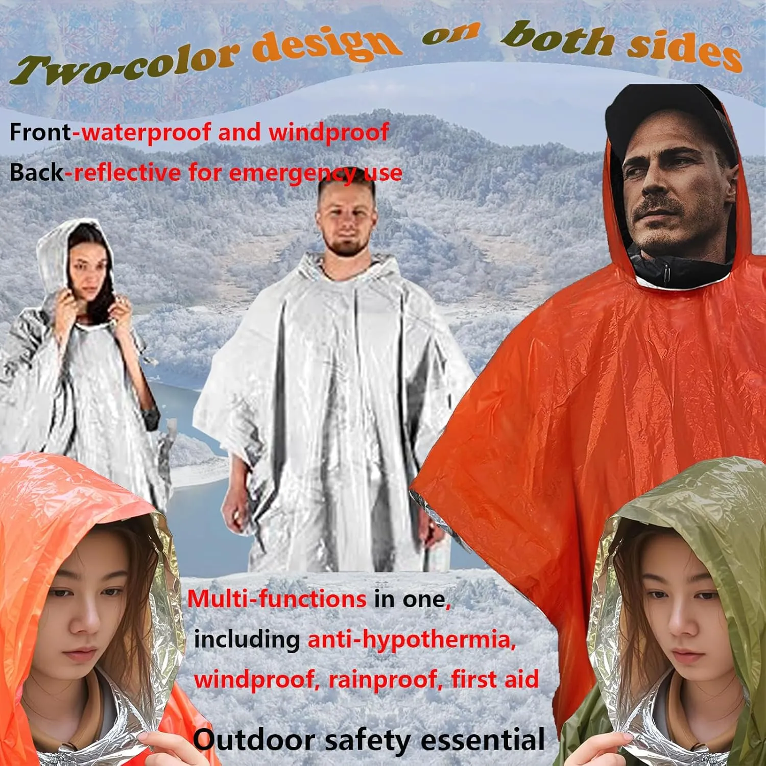Emergency Survival Poncho, Mylar Liner - Retains 92% Body Heat, Reversible with Hood