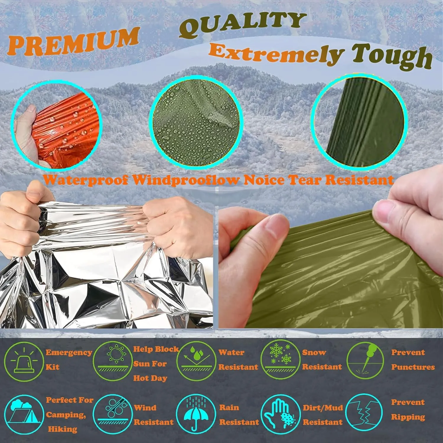 Emergency Survival Poncho, Mylar Liner - Retains 92% Body Heat, Reversible with Hood