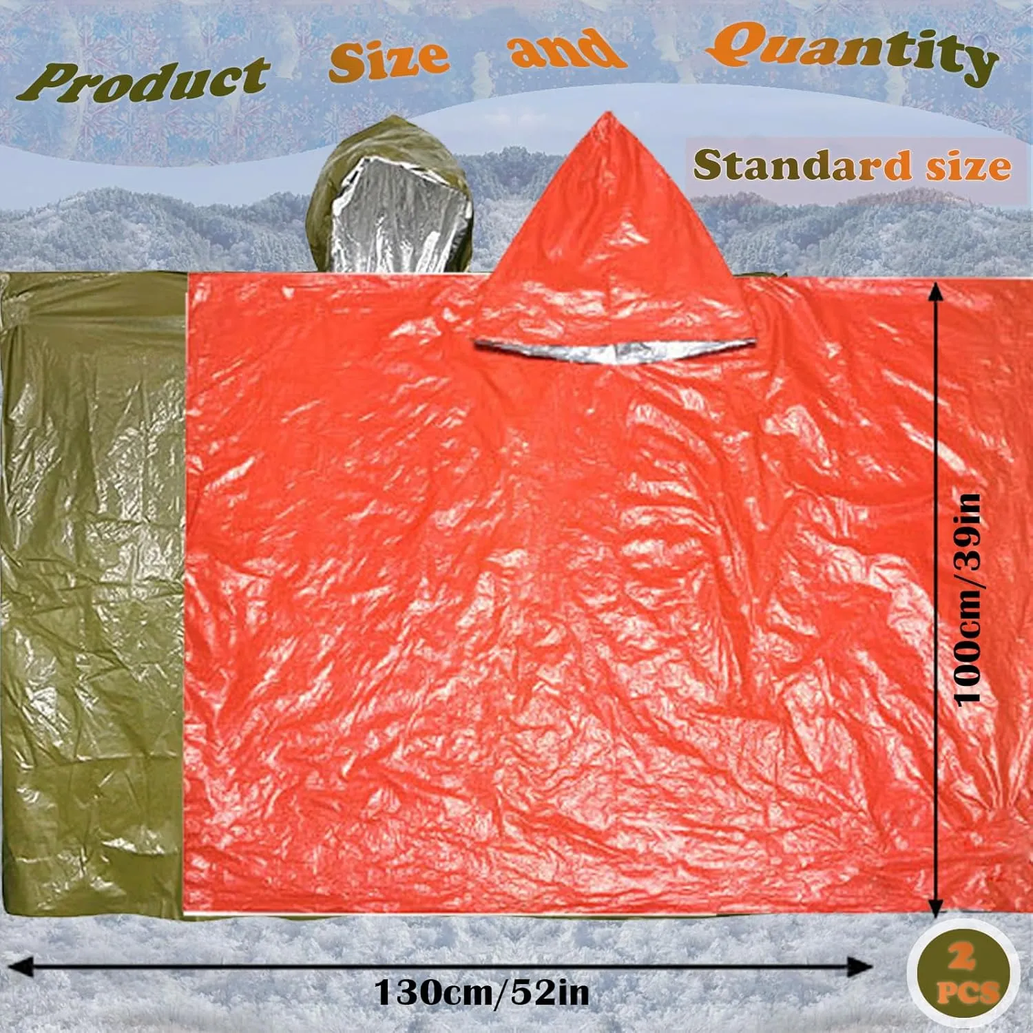 Emergency Survival Poncho, Mylar Liner - Retains 92% Body Heat, Reversible with Hood