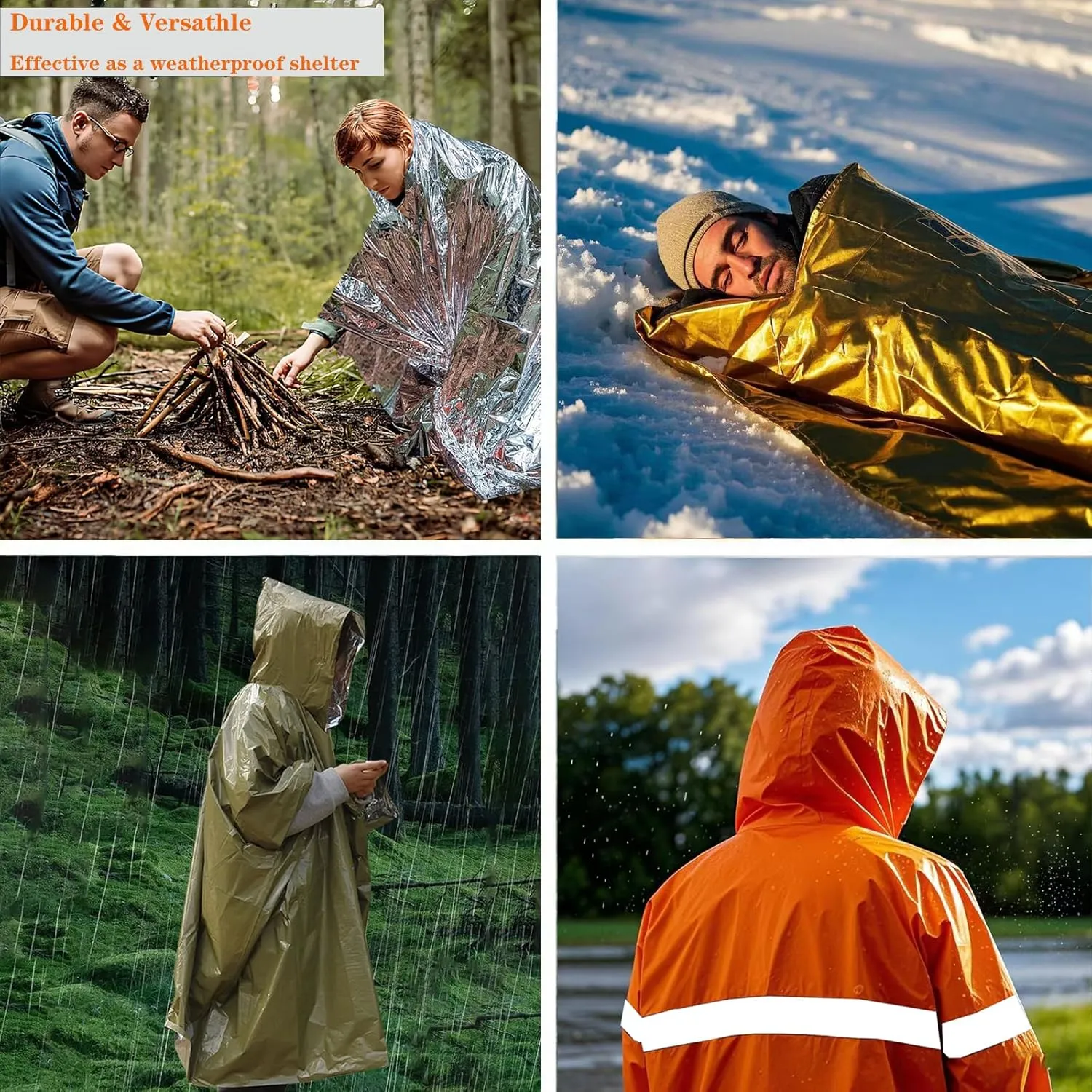 Emergency Survival Poncho, Mylar Liner - Retains 92% Body Heat, Reversible with Hood
