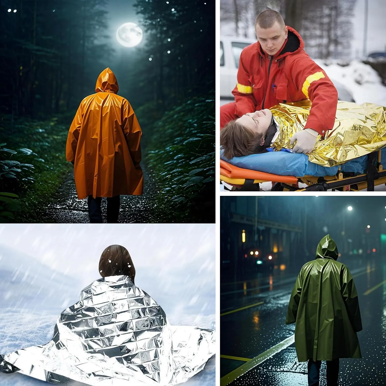 Emergency Survival Poncho, Mylar Liner - Retains 92% Body Heat, Reversible with Hood