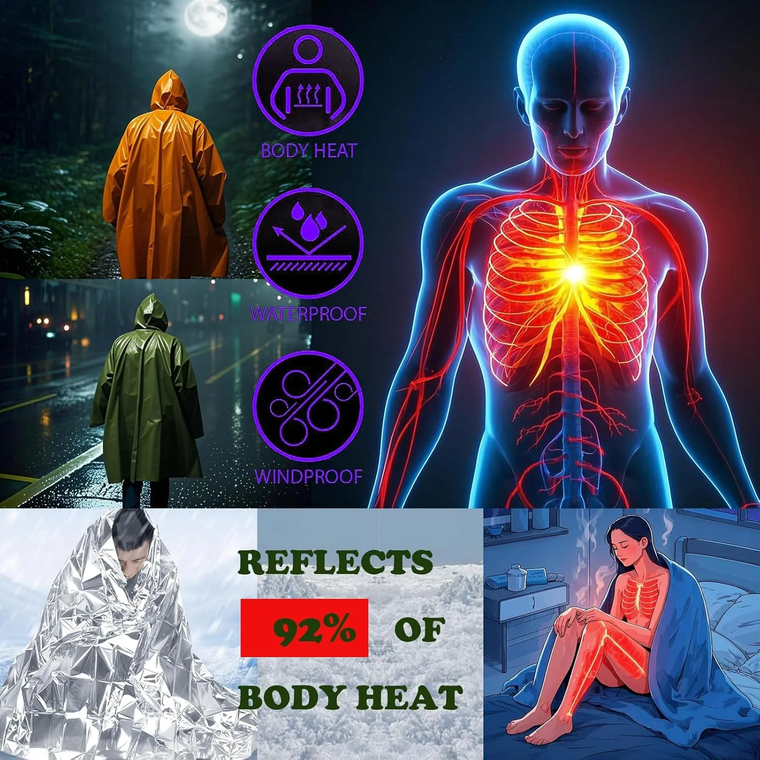 Emergency Survival Poncho, Mylar Liner - Retains 92% Body Heat, Reversible with Hood