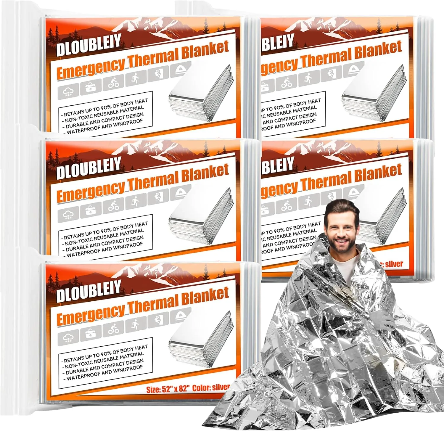 Emergency Thermal Blanket 5-Pack  Reusable Mylar Space Blanket for Camping, Car Survival Kit, Waterproof Outdoor Gear, Heavy-Duty Emergency Heat Retention