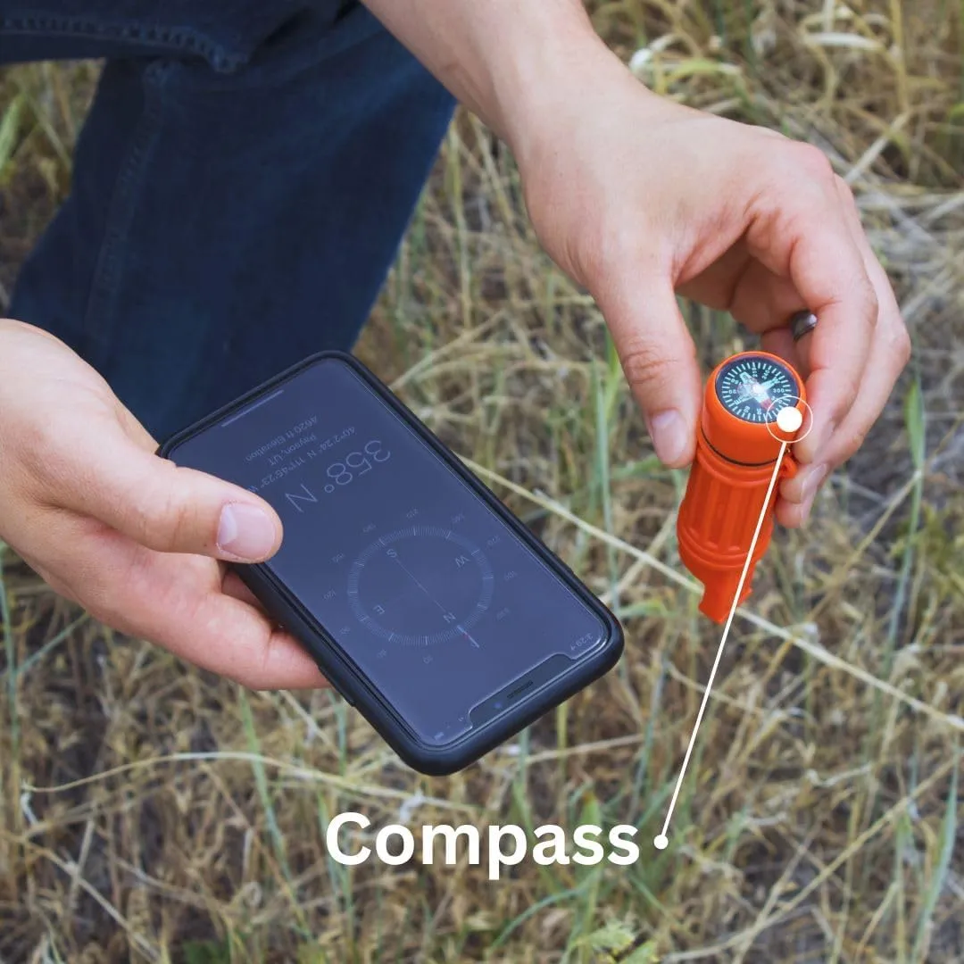 Emergency Zone 5 in 1 Survival Whistle. Compass, Whistle, Water-Resistant Container, Signal Mirror, Ferro Rod. Available in 1, 3, 30, and 300 Pack.