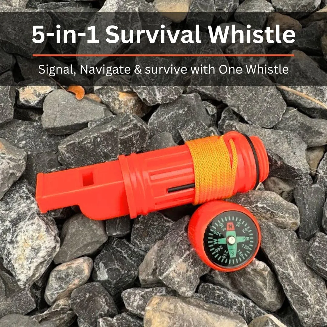 Emergency Zone 5 in 1 Survival Whistle. Compass, Whistle, Water-Resistant Container, Signal Mirror, Ferro Rod. Available in 1, 3, 30, and 300 Pack.