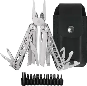 EPG Heavy Duty Multitool, Leather Case and Screwdriver Bits, 18 Stainless Steel Locking Tools, EDC Gear with Pliers, Bottle Opener, Box Cutter and More, Fits in Pocket