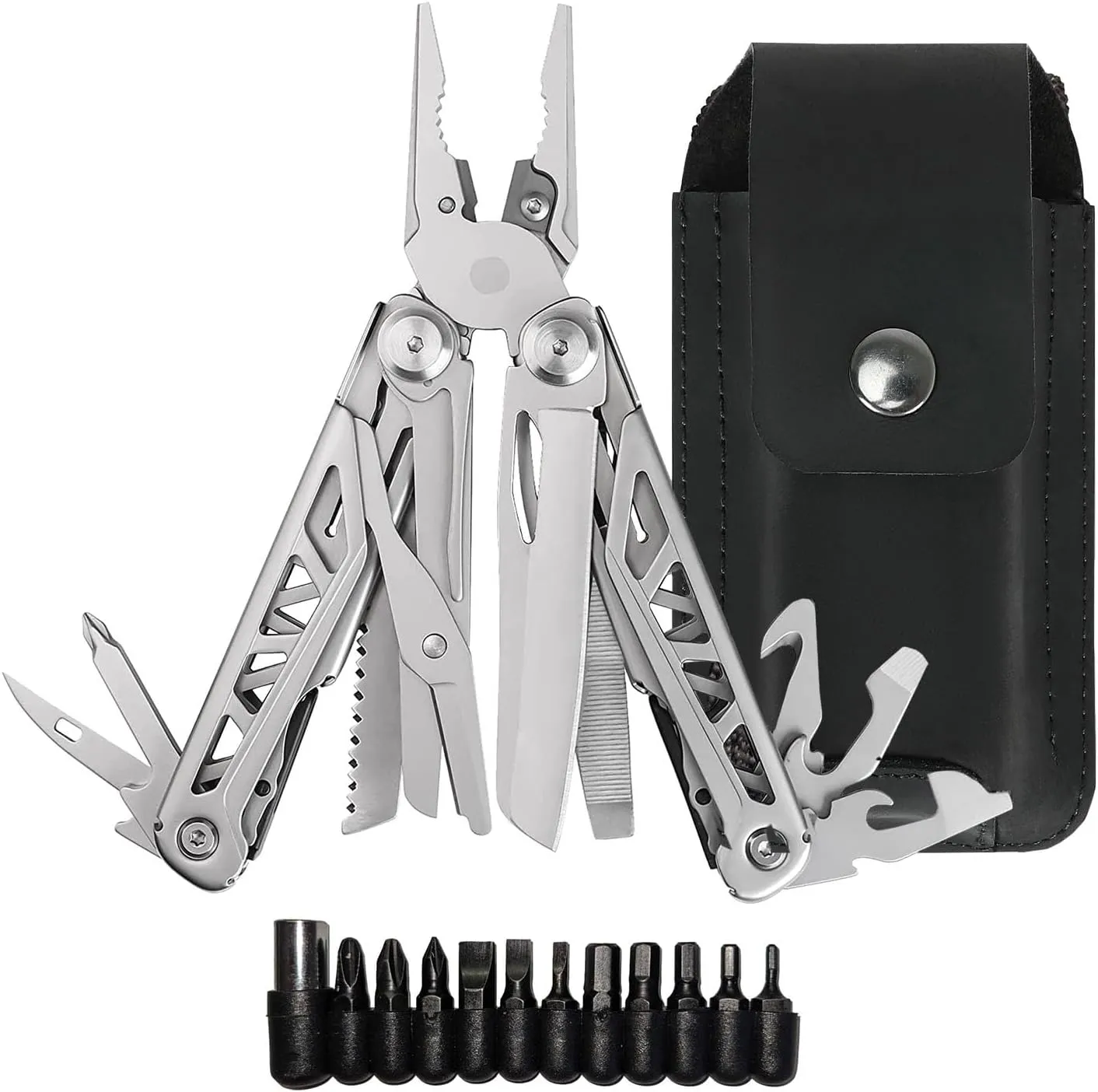 EPG Heavy Duty Multitool, Leather Case and Screwdriver Bits, 18 Stainless Steel Locking Tools, EDC Gear with Pliers, Bottle Opener, Box Cutter and More, Fits in Pocket