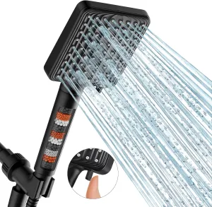 Filtered Shower Head Black - 6 Modes High Pressure Handheld Shower Head with Filter Mineral Beads, Detachable Handheld Showerhead Set with Stainless Steel Hose and Shower Arm Bracket