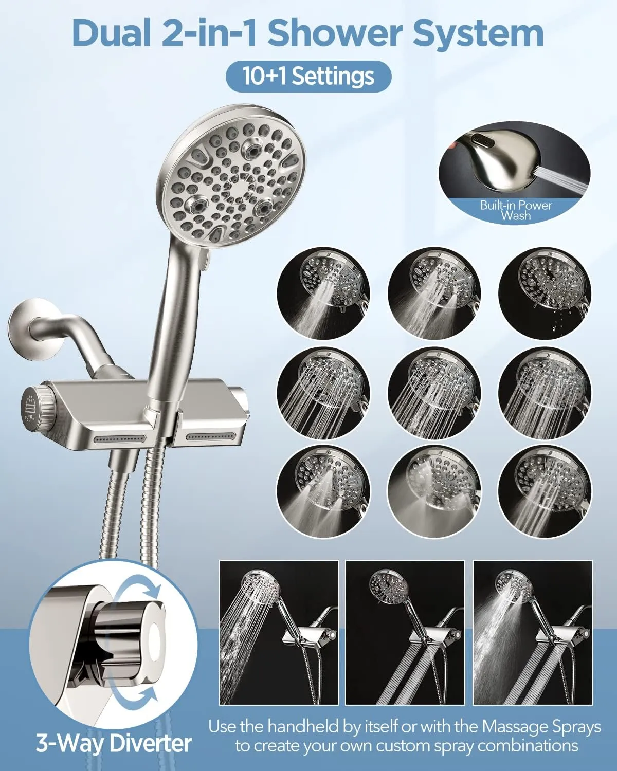 Filtered Shower Head with Handheld Combo Brushed Nickel - Dual 2-in-1 Spa System with Massage Shower Head and 10 Modes Hand Held Showerhead, High Pressure, Buit in Power Wash Mode