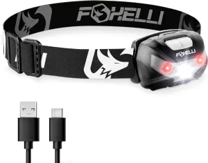 Foxelli Rechargeable LED Headlamp - Super Bright, Lightweight and Comfortable Head Light for Running, Camping, Hiking and Work, Suitable for Adults and Kids