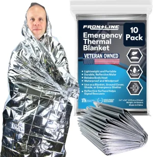 FRONTLINE Emergency Thermal Blankets Large 54" x 84" Mylar Blankets Survival Gear Camping Gear Emergency Space Blanket First Aid for Survival (10)
