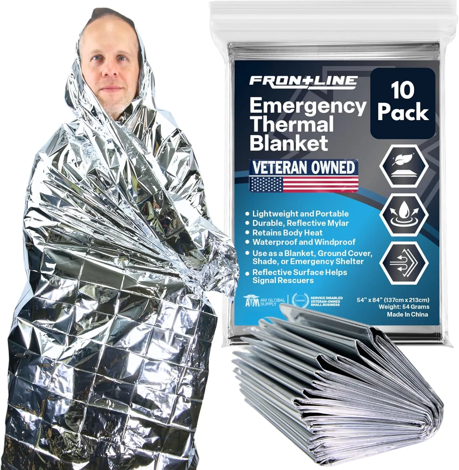 FRONTLINE Emergency Thermal Blankets Large 54" x 84" Mylar Blankets Survival Gear Camping Gear Emergency Space Blanket First Aid for Survival (10)
