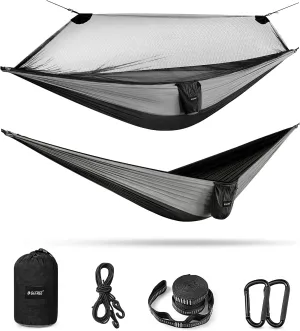 G4Free Large Camping Hammock with Mosquito Net 2 Person Pop-up Parachute Lightweight Hanging Hammocks Tree Straps Swing Bed for Outdoor Backpacking Backyard Hiking