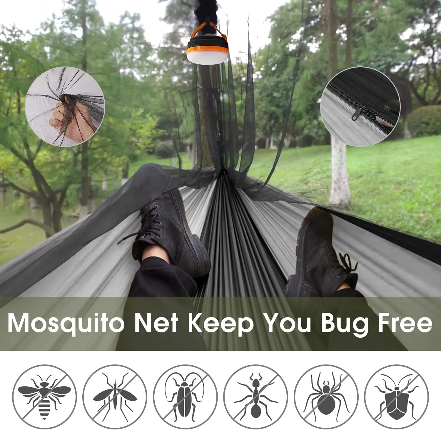 G4Free Large Camping Hammock with Mosquito Net 2 Person Pop-up Parachute Lightweight Hanging Hammocks Tree Straps Swing Bed for Outdoor Backpacking Backyard Hiking