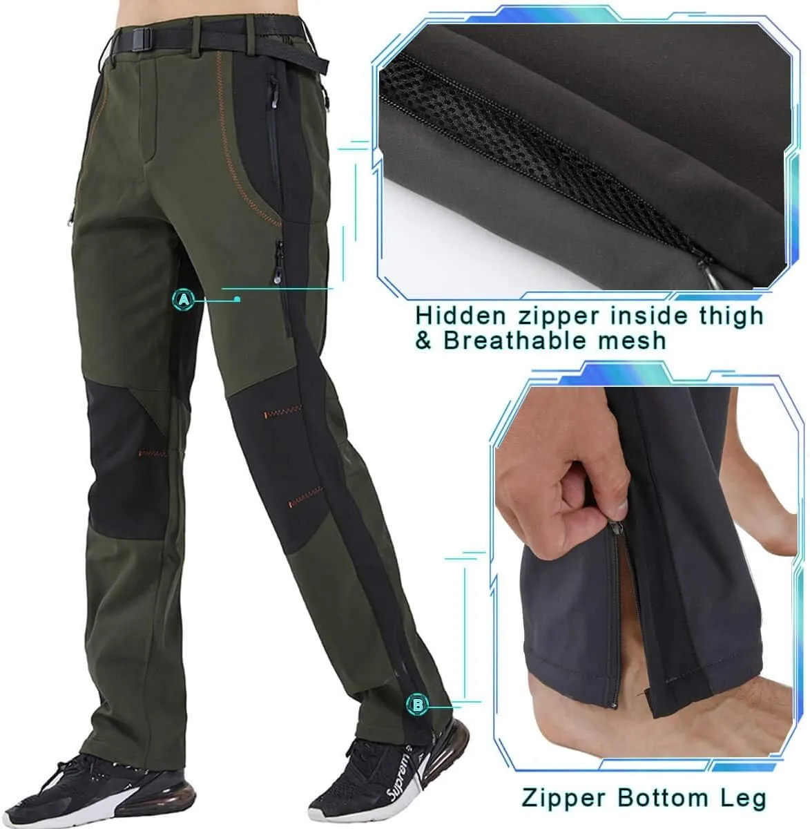 Gash Hao Men's Snow Ski Pants Waterproof Insulated Snowboard Pants Breathable Mesh Fleece Lined Zipper Bottom Ankle