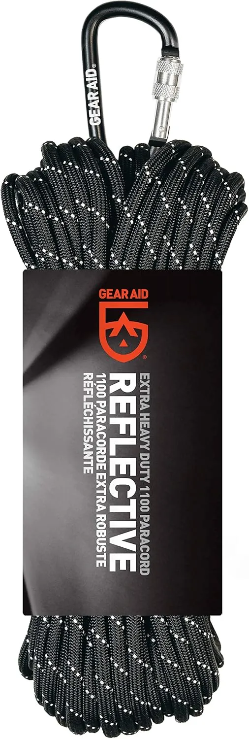 GEAR AID 1100 Paracord and Carabiner, 5.5 mm Heavy-Duty Cord for Camping and Survival, Black Reflective