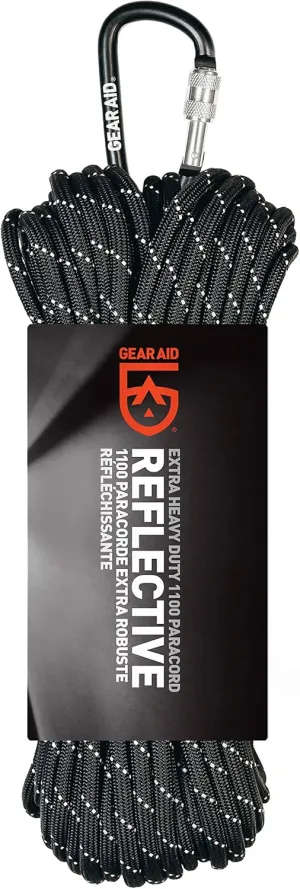 GEAR AID 1100 Paracord and Carabiner, 5.5 mm Heavy-Duty Cord for Camping and Survival, Black Reflective