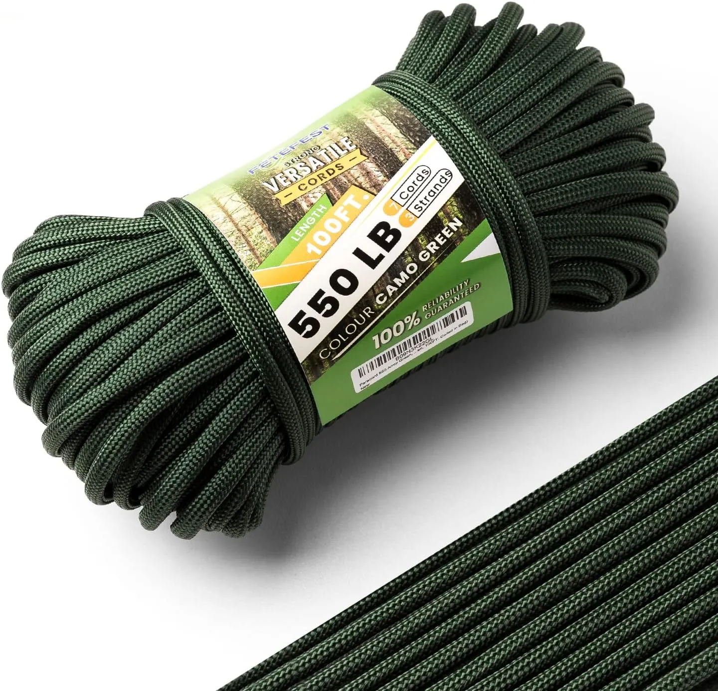 Green Paracord 550, Parachute Cord Mil-Spec 100FT, 100% Nylon Rope in Survival Gear and Equipment, Heavy Duty Rope for Bracelet, Leashes, Lanyards and Camping (Army Green, 100FT. Coiled in Bag)
