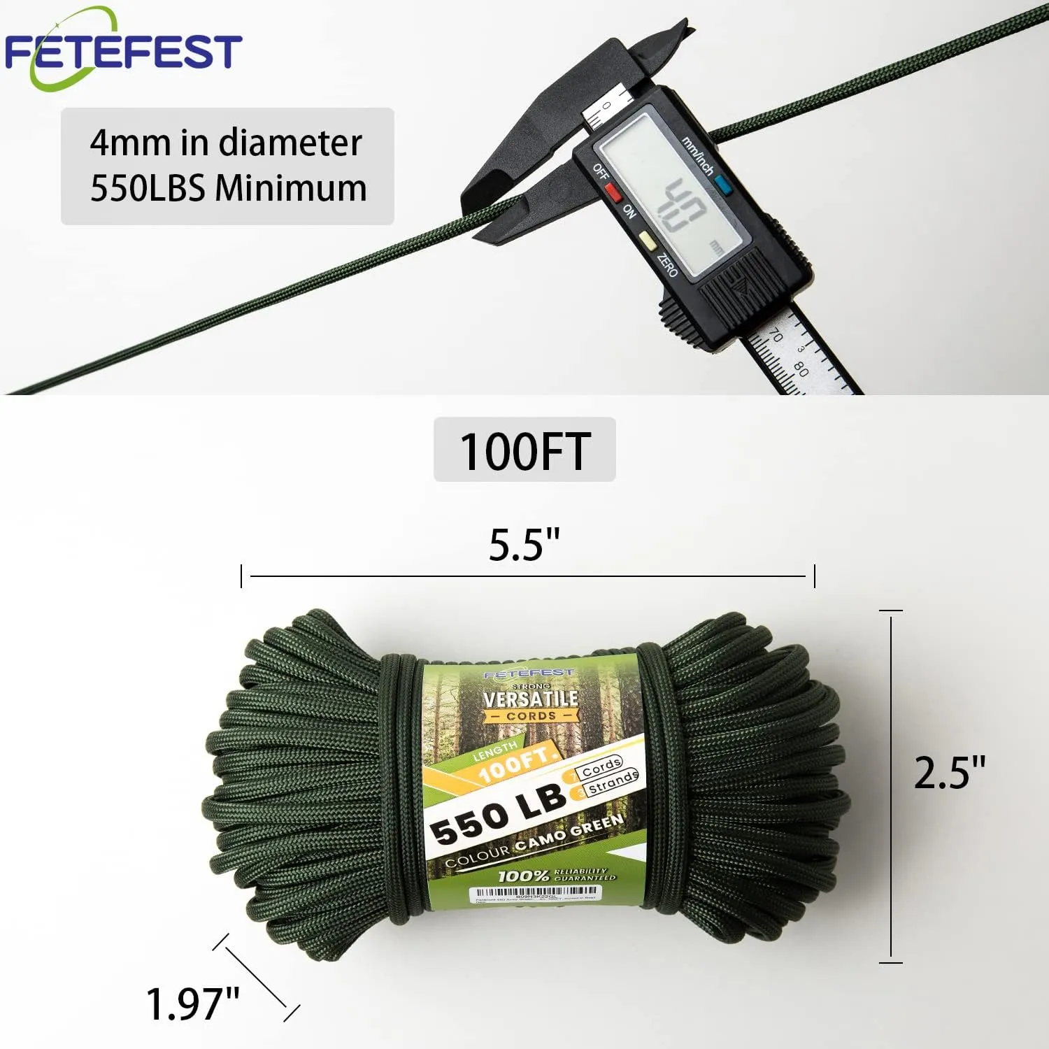 Green Paracord 550, Parachute Cord Mil-Spec 100FT, 100% Nylon Rope in Survival Gear and Equipment, Heavy Duty Rope for Bracelet, Leashes, Lanyards and Camping (Army Green, 100FT. Coiled in Bag)