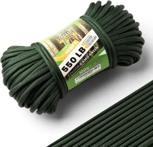 Green Paracord 550, Parachute Cord Mil-Spec 100FT, 100% Nylon Rope in Survival Gear and Equipment, Heavy Duty Rope for Bracelet, Leashes, Lanyards and Camping (Army Green, 100FT. Coiled in Bag)