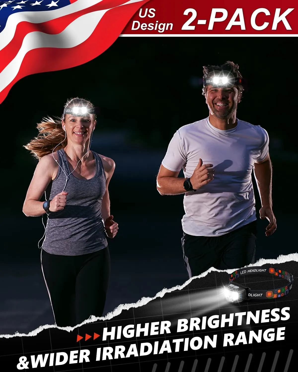 Headlamp Rechargeable 2PCS, 1200 Lumen Super Bright LED Flashlight with Motion Sensor for Adults and Kids- Camping Accessories Gear, Waterproof for Hiking, Running, Fishing, Cycling