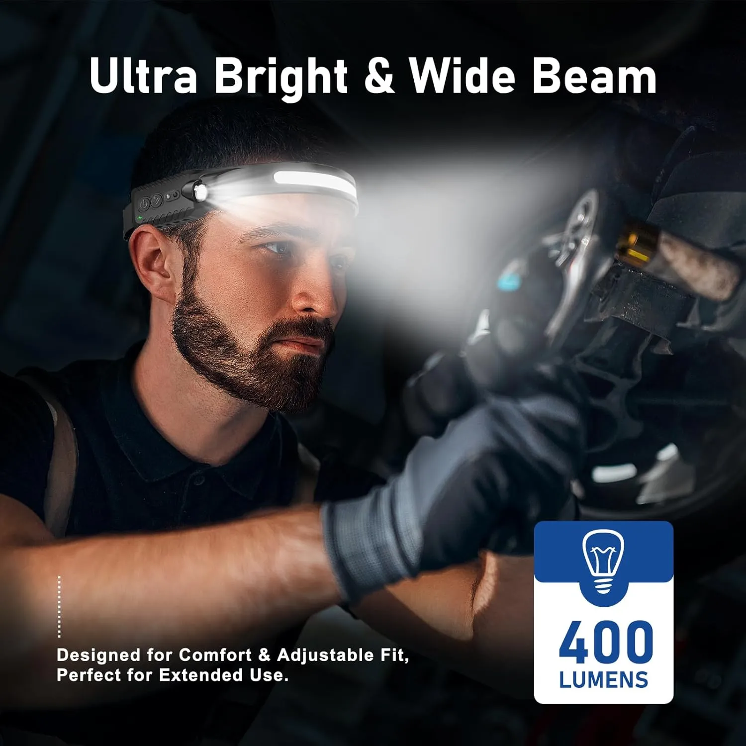 Headlamp Rechargeable (3-Pack), LED Head Lamp Flashlight, 230 Wide Beam Headband Light, 400 Lumen Super Bright, Waterproof Headlight, 5 Modes for Running, Fishing, Hiking, Camping