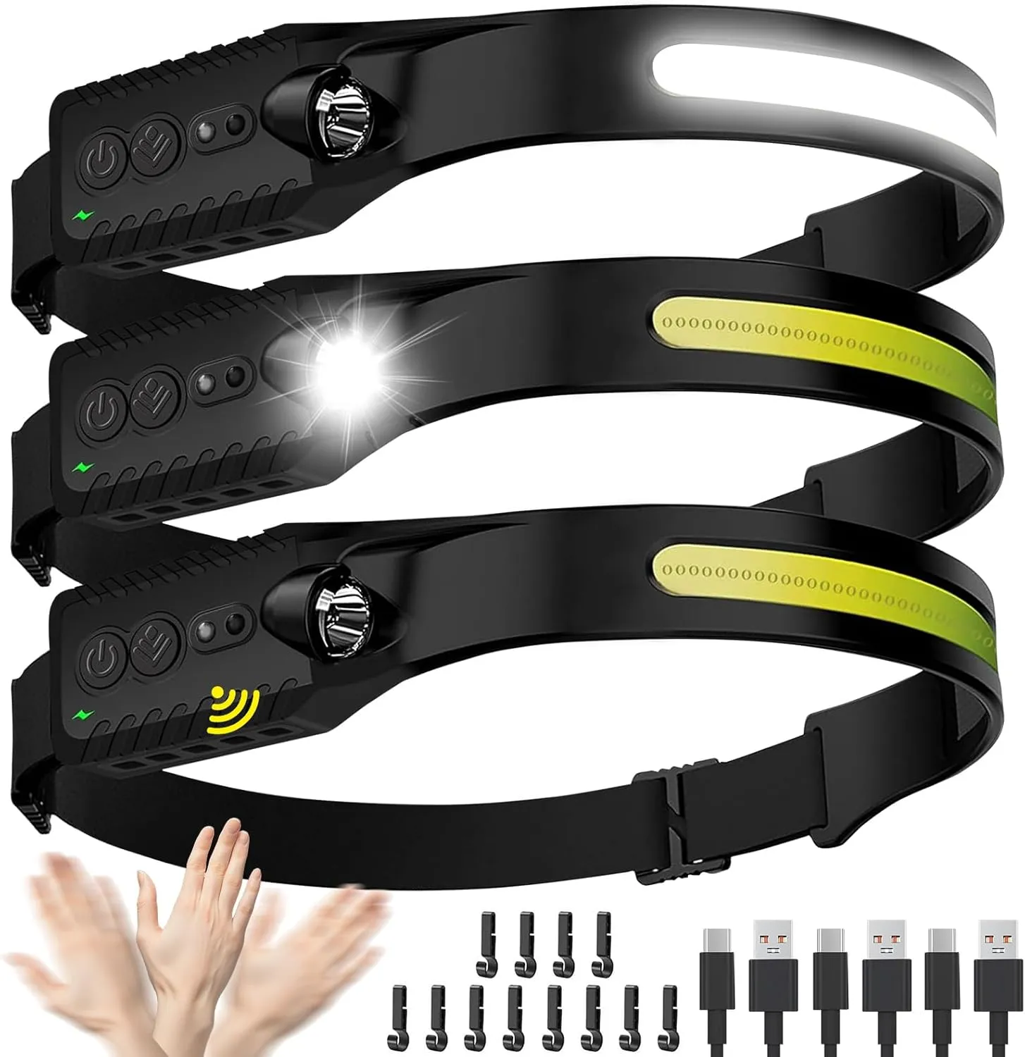 Headlamp Rechargeable (3-Pack), LED Head Lamp Flashlight, 230 Wide Beam Headband Light, 400 Lumen Super Bright, Waterproof Headlight, 5 Modes for Running, Fishing, Hiking, Camping