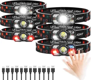 Headlamp Rechargeable 6Pack, 3000 Lumen Ultra-Light Bright Rechargeable Headlamp Flashlight with White Red Light, LED Headlight Motion Sensor, 5 5 Mode for Outdoor Camping Fishing Running Hiking