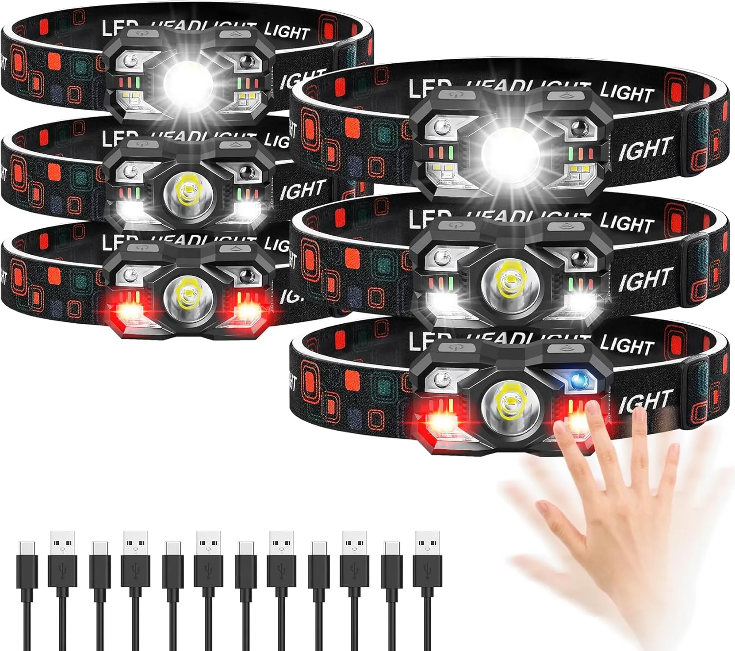 Headlamp Rechargeable 6Pack, 3000 Lumen Ultra-Light Bright Rechargeable Headlamp Flashlight with White Red Light, LED Headlight Motion Sensor, 5 5 Mode for Outdoor Camping Fishing Running Hiking