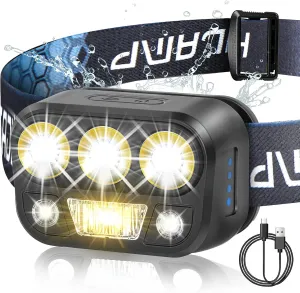 Headlamp Rechargeable - High Performance LED Headlights Flashlight, Waterproof, Press and Inductive Switches, 6 Modes and 45 Adjustable, Flashlight Lightweight Headlamp for Camping Running Fishing