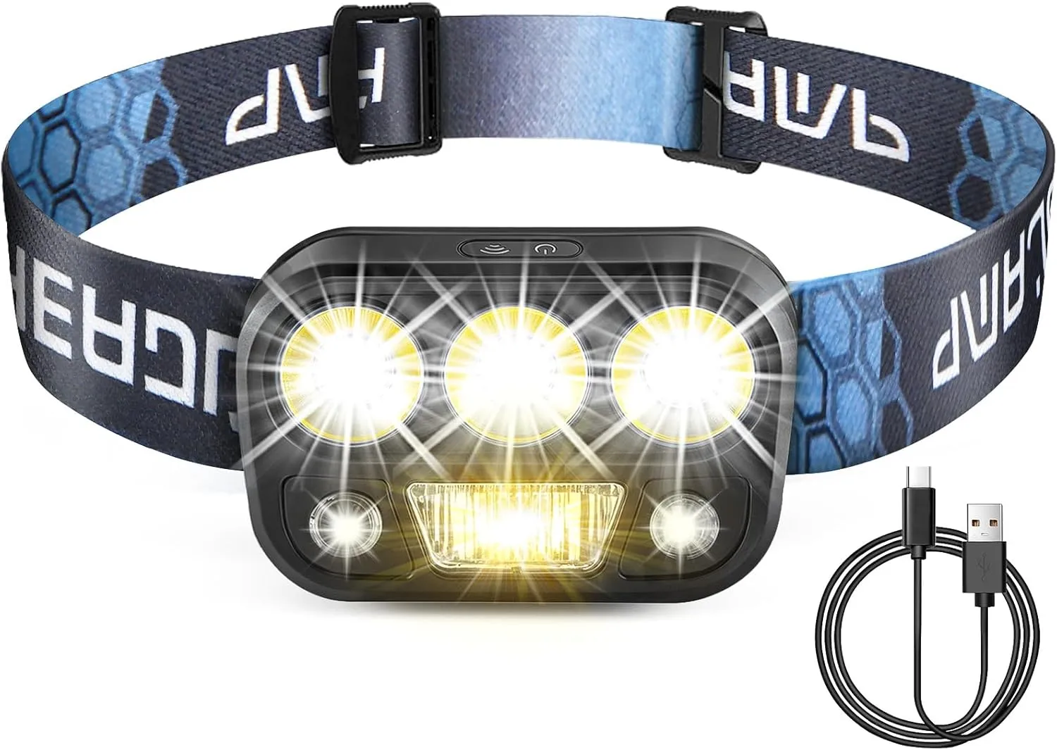 Headlamp Rechargeable - High Performance LED Headlights Flashlight, Waterproof, Press and Inductive Switches, 6 Modes and 45 Adjustable, Flashlight Lightweight Headlamp for Camping Running Fishing