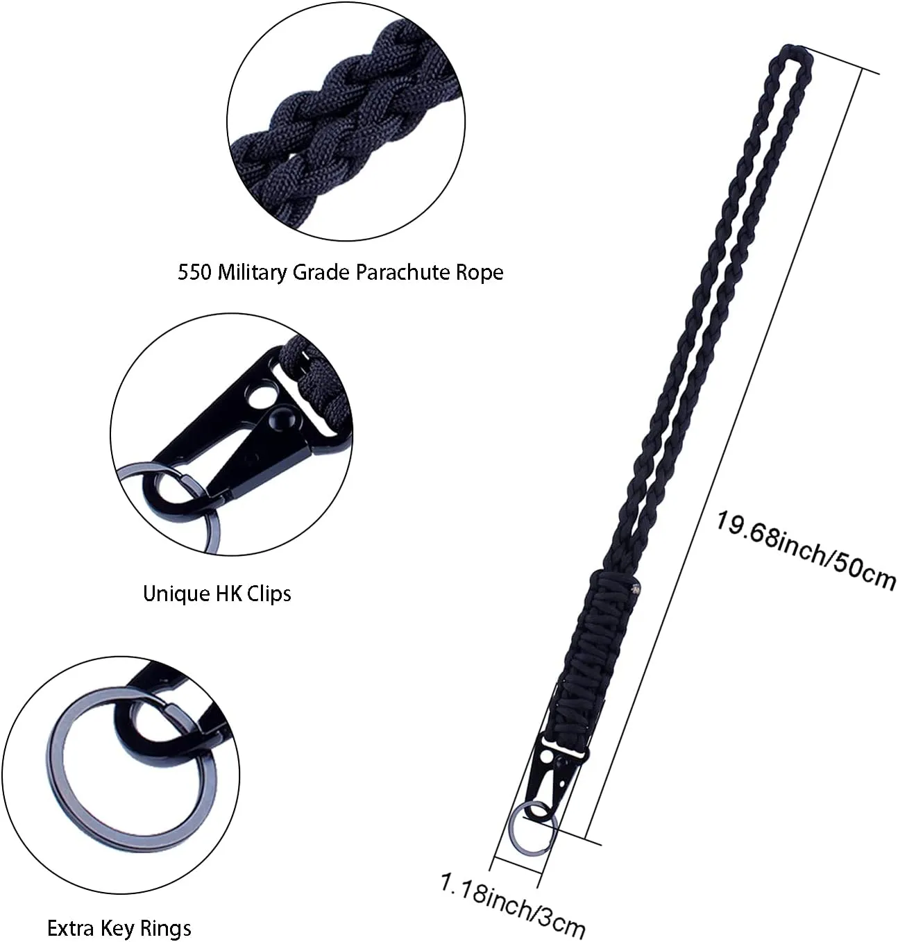Heavy Duty Braided 550 Paracord Neck Lanyard Keychain for Men Women Outdoor Survival, Parachute Rope Necklace Keychains with HK Clip Key Ring for ID Card Badge Holder, Camera, Wallet and Keys (Black)