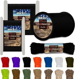 HERCULES Type III Paracord 550 Paracord Rope Parachute Cord, 50' Black Paracord for Survival Paracord, Survival Cord
