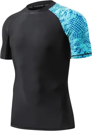 HUGE SPORTS Men's Splice UV Sun Protection UPF 50  Skins Rash Guard Short Sleeves