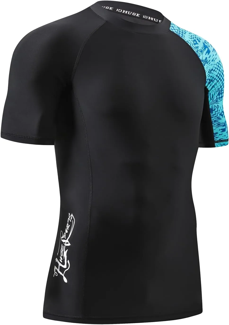 HUGE SPORTS Men's Splice UV Sun Protection UPF 50  Skins Rash Guard Short Sleeves