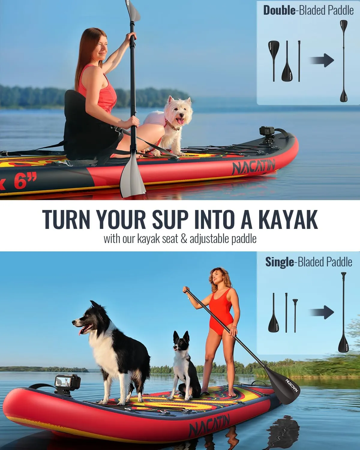 Inflatable Stand Up Paddle Board 12' with Kayak Seat & Dual Paddles  Premium SUP Board for Adults & Families Includes Kayak Conversion Kit, Pump, Leash & Accessories  Stable Wide Deck for Beginners