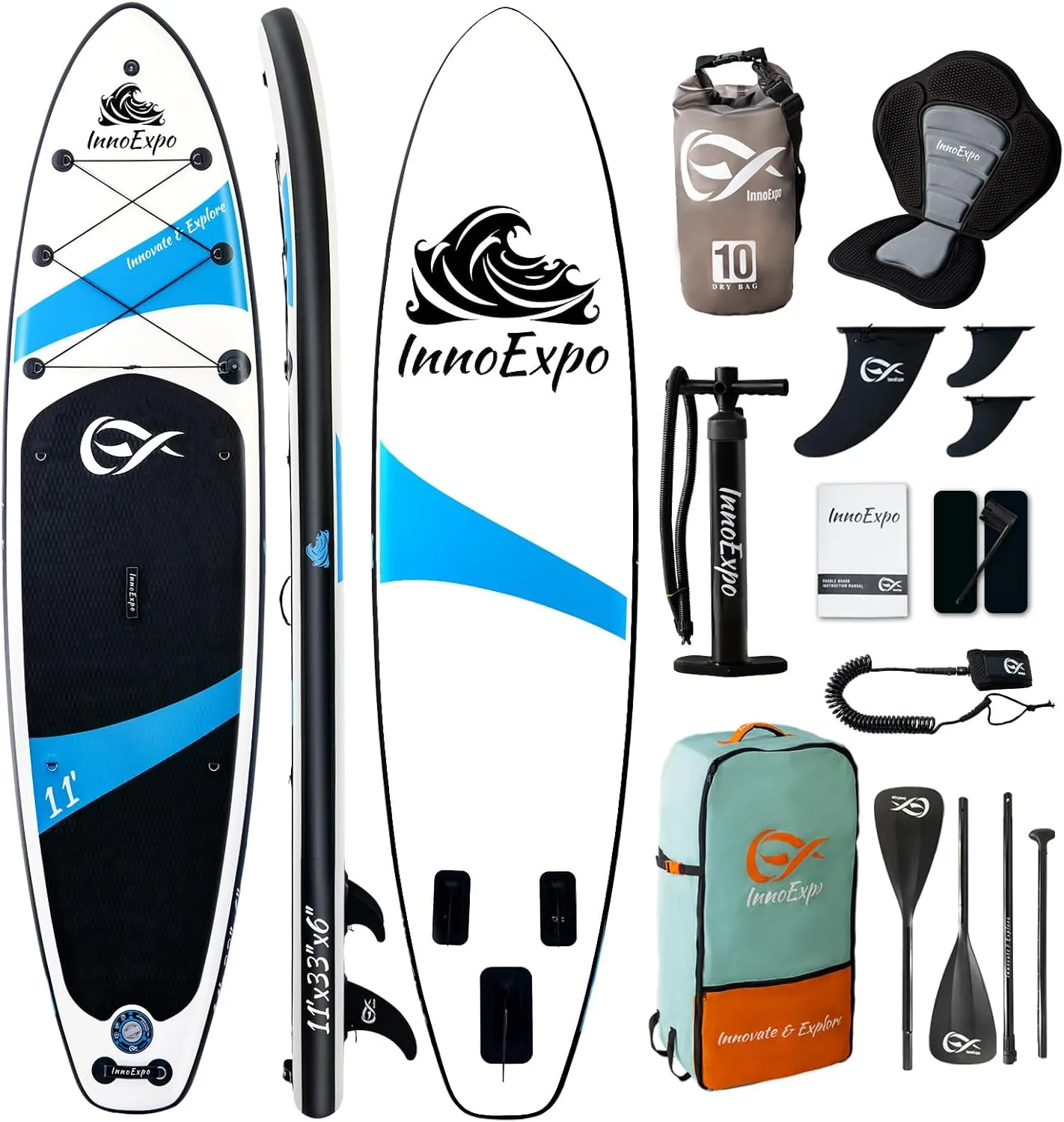 InnoExpo Inflatable Stand Up Paddle Boards with Premium Accessories, Wide Stable SUP Paddle Board Design, Non-Slip Comfort Deck for Youth & Adults