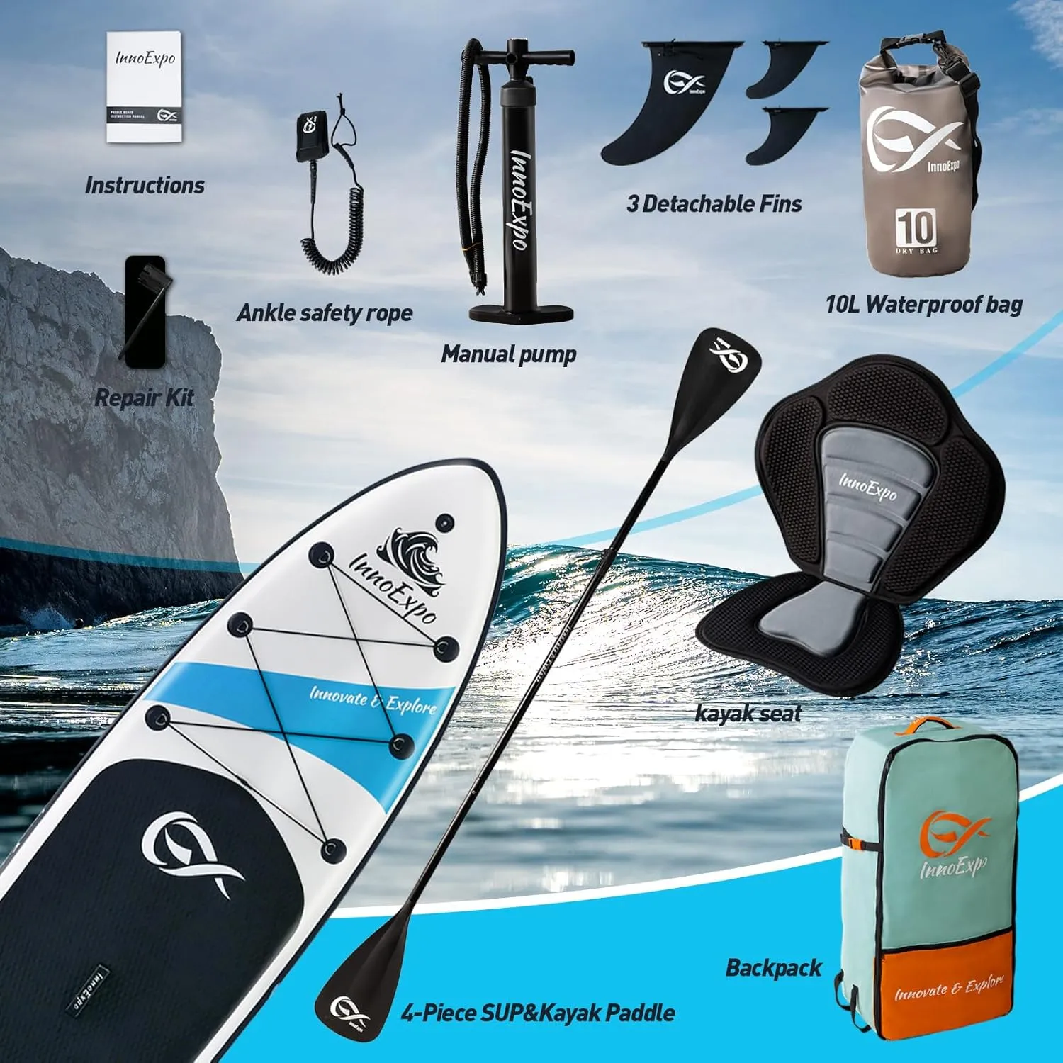 InnoExpo Inflatable Stand Up Paddle Boards with Premium Accessories, Wide Stable SUP Paddle Board Design, Non-Slip Comfort Deck for Youth & Adults