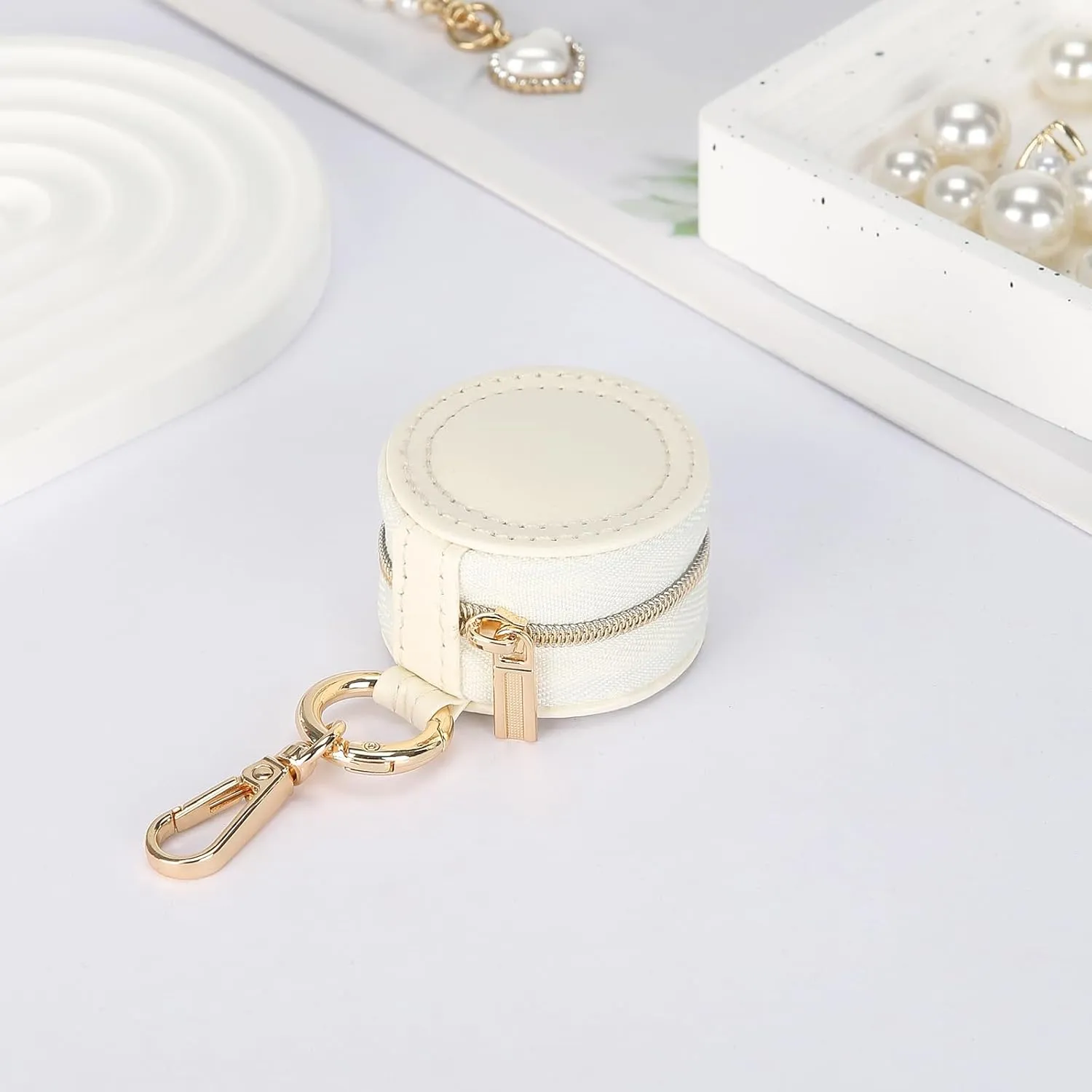 Jewelry Ring Holder Box with Keychain, Portable Gym Jewelry Storage Box Case, Small Travel Ring Earring Stud Necklace Storage Case (White)