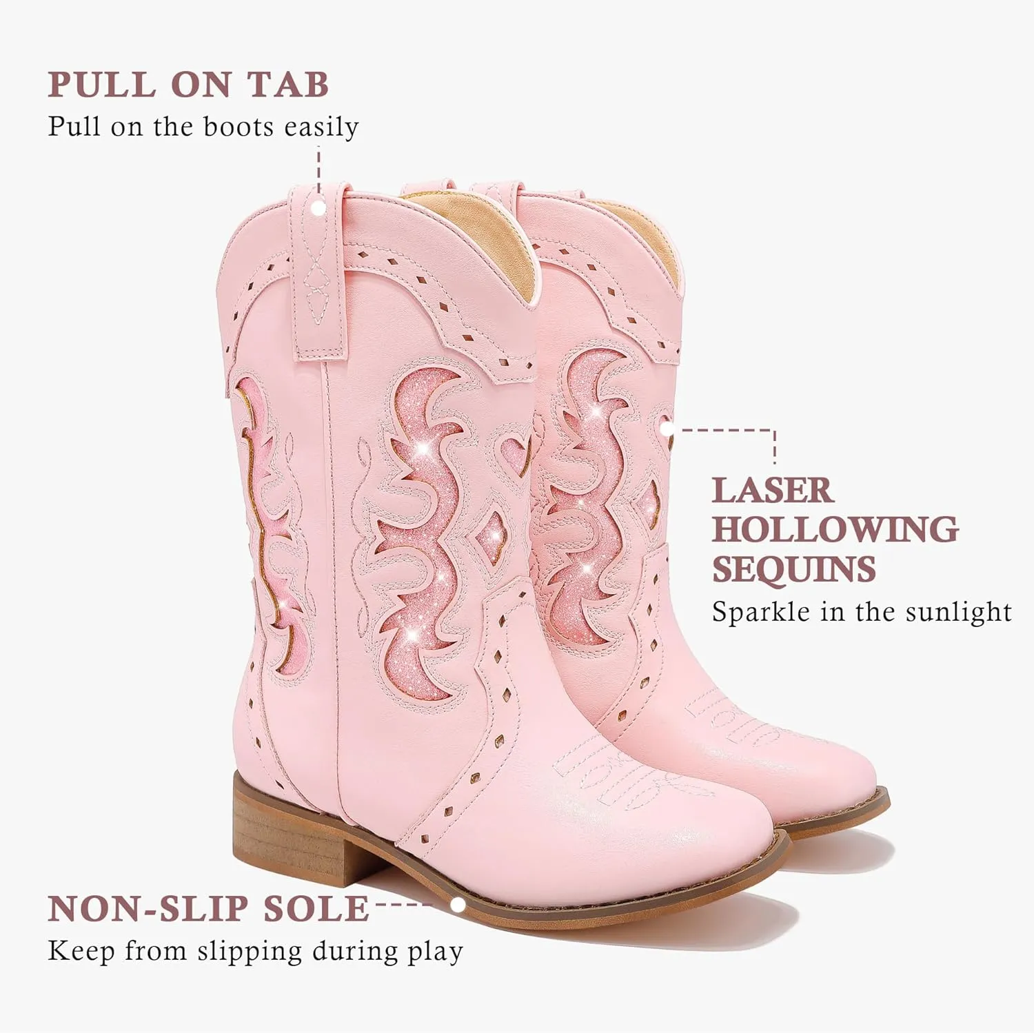 Kids Cowgirl Boots for Girls Western Square Toe Girls Sparkle Boots Zipper Mid Calf Low Heel Horse Riding for Toddler Little Big Kids