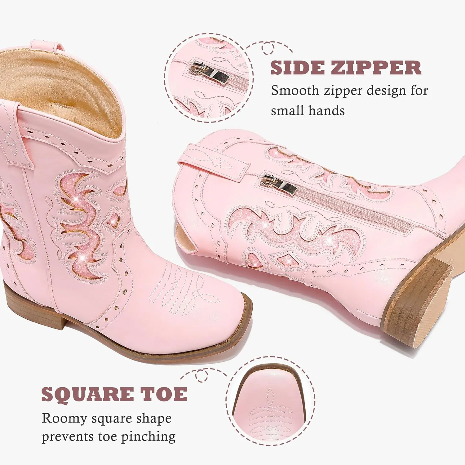 Kids Cowgirl Boots for Girls Western Square Toe Girls Sparkle Boots Zipper Mid Calf Low Heel Horse Riding for Toddler Little Big Kids