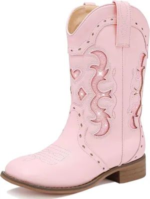Kids Cowgirl Boots for Girls Western Square Toe Girls Sparkle Boots Zipper Mid Calf Low Heel Horse Riding for Toddler Little Big Kids
