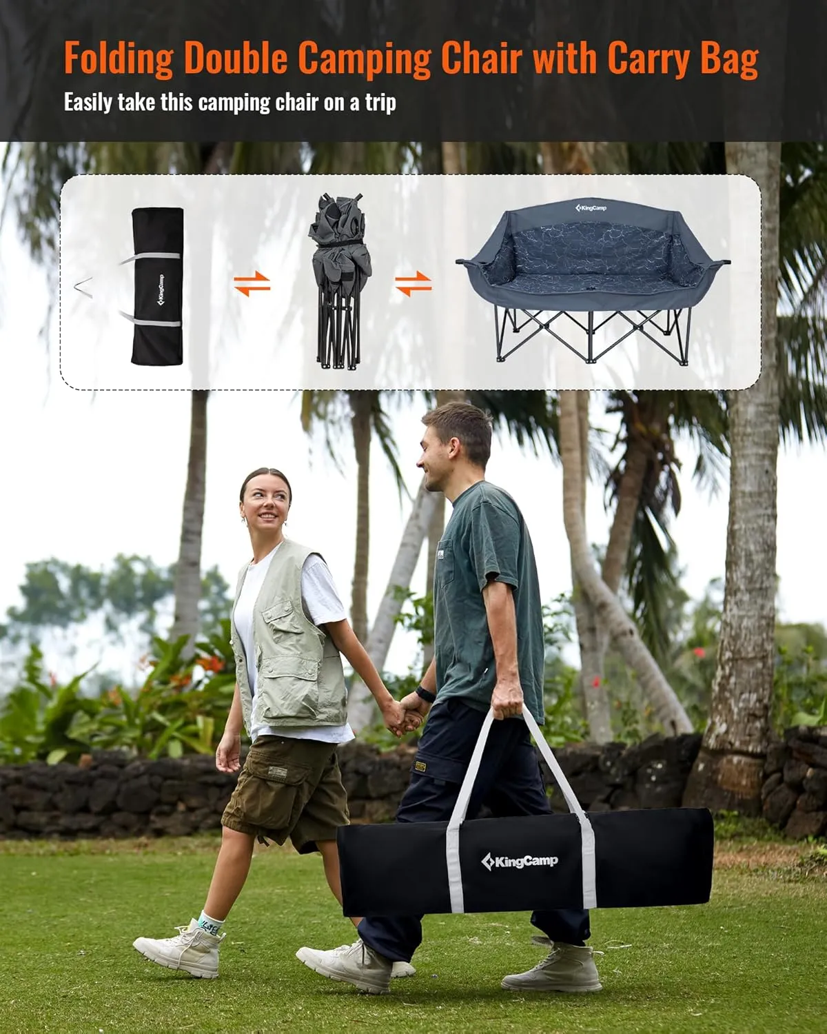 KingCamp Double Camping Chair, Oversized Heavy Duty Loveseat for Adults Portable Folding XL 2 Person Couch Padded Comfortable Two Seat with Cup Holder for Outdoor Lawn Backyard