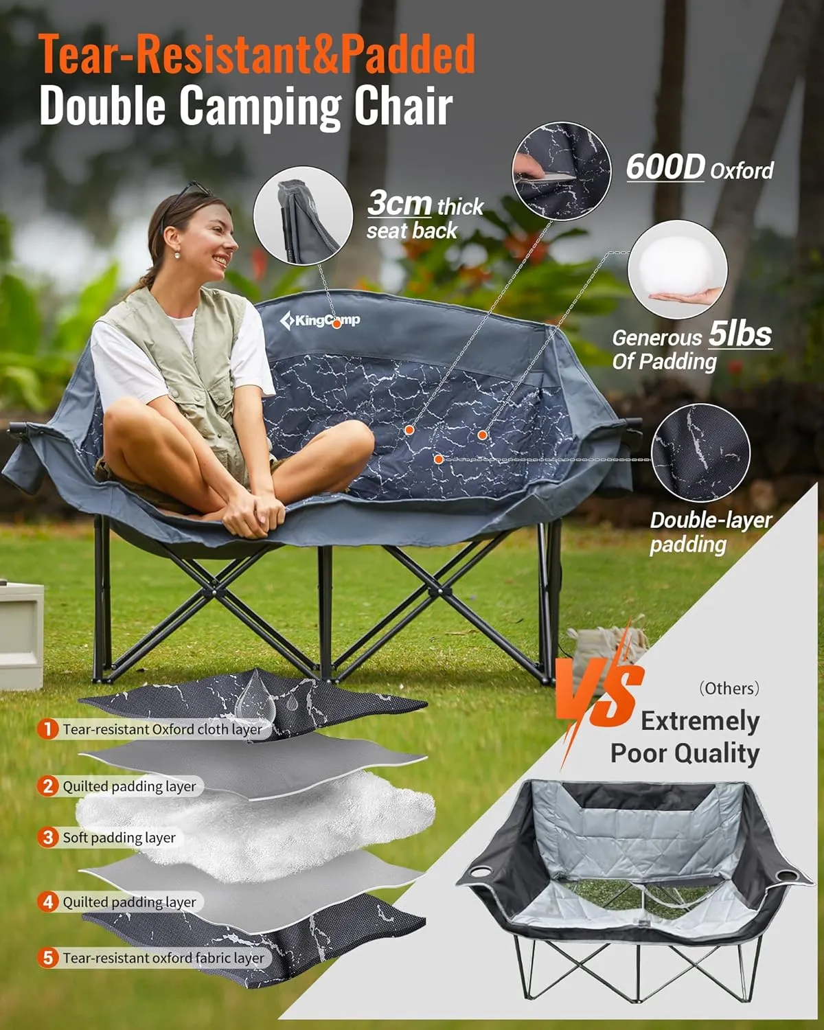 KingCamp Double Camping Chair, Oversized Heavy Duty Loveseat for Adults Portable Folding XL 2 Person Couch Padded Comfortable Two Seat with Cup Holder for Outdoor Lawn Backyard