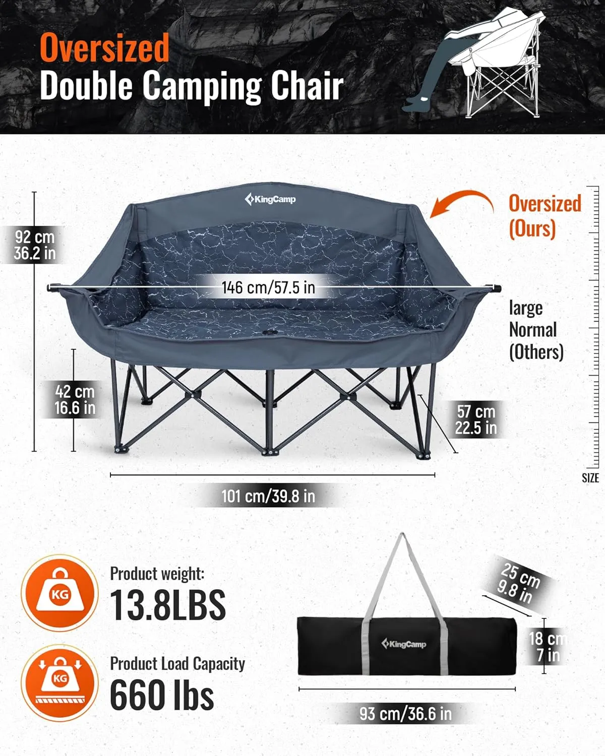KingCamp Double Camping Chair, Oversized Heavy Duty Loveseat for Adults Portable Folding XL 2 Person Couch Padded Comfortable Two Seat with Cup Holder for Outdoor Lawn Backyard